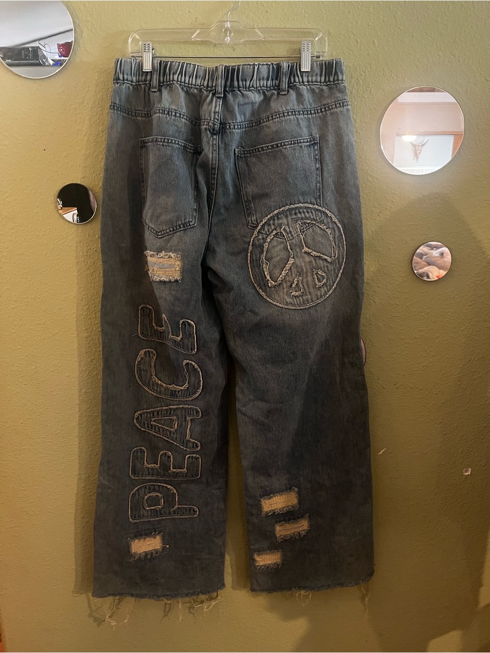 Oli & Hali Distressed Wide Leg Peace Patch Jeans. - Picture 3 of 6